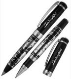 Custom Crown Collection 2 Piece Metal Ballpoint and Rollerball Pen Set (Black/World Map Accent)