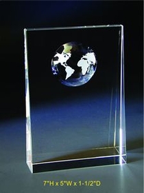 Custom World Optical Crystal Award Trophy., 7" L x 5" W x 1.5" H