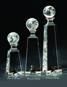 Custom Globe Tower Optical Crystal Award Trophy., 11" L x 2.5" Diameter