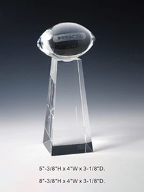 Custom Football Tower Optical Crystal Award Trophy., 5.375" L x 4" W x 3.125" H