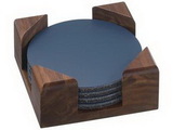 Custom Round Leather Rubber Back Coaster Set of 4 with Walnut Wood Stand