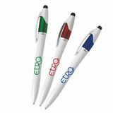 Custom White Barrel European Design Ballpoint Pen w/ 3 Writing Ink Colors & Stylus
