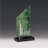 Custom Small Green Sail Art Glass Award & Black Marble Base, 6 1/2