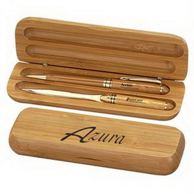 Custom Ballpoint Pen Set, Bamboo Double Well Gift Box with Letter Opener, 6.75" L x 2" W