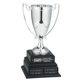 Custom Perpetual Silver Cup Trophy w/Black Wood Base & 16 Plates (15")