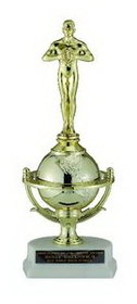 Custom 10 3/4" Gold Globe Trophy w/White Plastic Base & Figure Mount