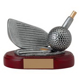 Custom 5" Resin Golf Trophy w/Iron Head & Dimpled Ball on Wood Base