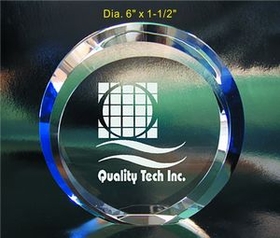 Custom Beveled Circle optical crystal award trophy., 6" L x 1.5" W