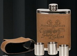 Custom Leather Covered 7 Oz. Flask Gift Set W/ Lid Cover & 3 Shot Glasses