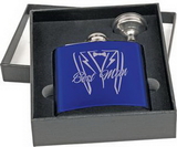 Custom 6 oz. Gloss Blue Steel Flask Set in Black Presentation Box, 3 5/8