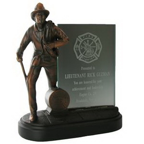 Custom Electroplated Bronze Firefighter Trophy on Black Base w/Glass Insert (8 1/4")