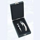 Custom Wine Opener And Stopper Set/ Silver Piece In Black Wood Box (Screened)