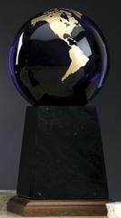 Custom Cobalt Blue Glass World Globe Award w/ Base (5")