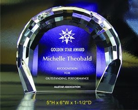 Custom Faceted Arch optical crystal award trophy., 5" L x 6" W x 1.5" H