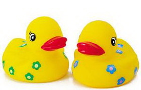 Custom Rubber Flower Children Duck, 3 3/4" L x 3" W x 2 7/8" H