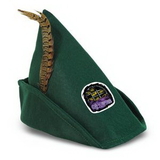 Dark Green Felt Robin Hood Hat w/ Feather w/ a Custom Printed Faux Leather Icon