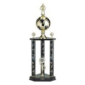 Custom Triple Marbled Column Trophy w/Soccer Ball on Riser & 2" Insert (32")