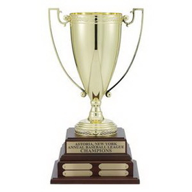 Custom 17 1/2" Perpetual Trophy w/13" Gold Cup on Walnut Finish Base (4 Plates)
