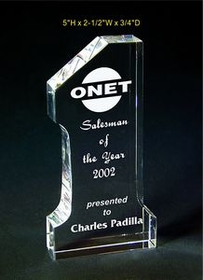 Custom No.1 Award optical crystal award trophy., 5" L x 2.5" W x 0.75" H