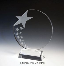Custom Circular Star Optical Crystal Award Trophy., 9.5" L x 8" W x 2.75" H