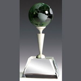 Custom Optical Crystal Green Globe Award perched on Metal Pole, 9.25