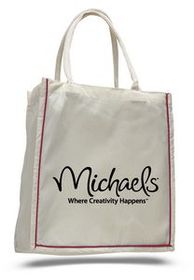 Custom Fancy Natural 100 percent Cotton Tote Bag w/Contrast Stripe - 1 Color (15"x16"x6")