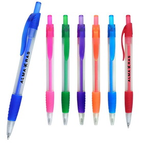 Custom Pensline NI-80C Preston Ballpoint Pen W/ Clear Barrel, Colored Rubber Grip, Ink Barrel & Clip Click Pen