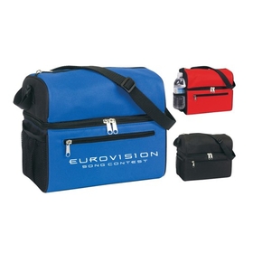 Custom B-6509 Insulated Cooler with Two Insulated Compartments, Front Zipper Pocket, Side Mesh Pocket, Adjustable Shoulder Strap