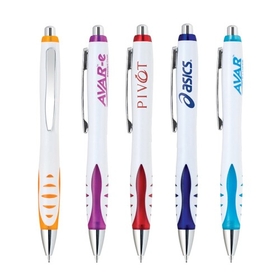 Custom PZ-30106 Click Action Ballpoint Pen, Sleek White Body with Colorful Translucent Inlay Design and Silver Accents