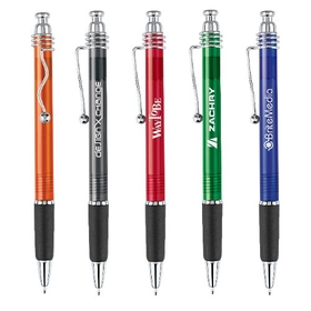 Custom PZ-30200 Click Action Ballpoint Colorful Translucent Barrel with Stylish Chrome-Toned Clip and Black Rubber Grip