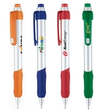 Custom PZ-30451 Click Action Pen Solid Silver Body with Colored Grip and Translucent Trim