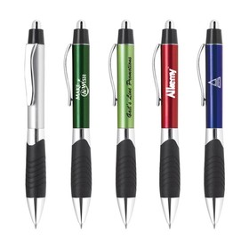 Custom PZ-30475 Click Action Retractable Ballpoint Pen, Metallic Color Barrel with No Slip Rubber Grip and Chrome Accents