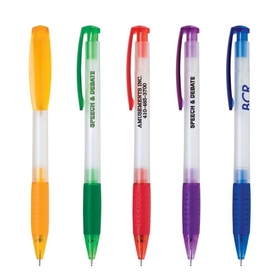 Custom PZ-3071 Click Action Retractable Frosted White Ballpoint with Colorful Rubber Grip