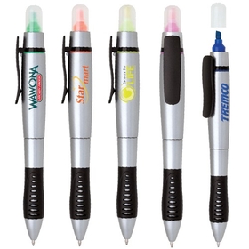 Custom PZ-40210 2-In-1 Twist Action Highlighter and Ballpoint Pen, Metallic Silver Barrel with Texturized Rubber Grip