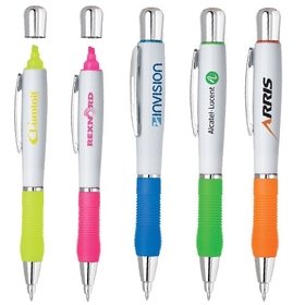 Custom PZ-40220 2-In-1 Twist Action Highlighter and Ballpoint Pen, White Barrel with Color Grip