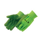 Custom Fluorescent Green Double Palm Canvas Work Gloves W/ Black Pvc Dots