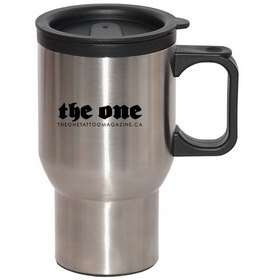 Custom DA5569 500 Ml (16 Oz.) Right-On Travel Mug, Double Walled With Stainless Steel Outside And Plastic Inside, 6" H X 3.5" Diameter