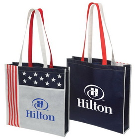 Blank NW7025 Non Woven Usa Tote, Sp Pp Ps - 7" W X 8" H (Front Pocket), 16" W X 15.5" H X 3" D