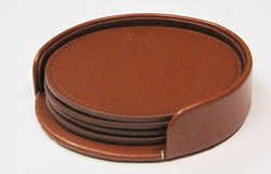 Custom GLCOAST - Single Brown Leather Coaster with Leather Holder with 3 Chrome Posts