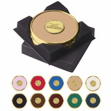 Custom 25086 Two Coasters in Deluxe Black Flocked Gift Box, Brass, Leather and Cork