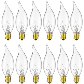 Sunlite 15CFC/25/12PK Flame Tip 15W Incandescent Petite Chandelier Light Bulb, Candelabra (E12) Base, Crystal Clear Bulb (12 Pack)
