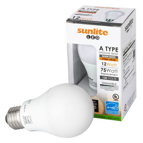 Sunlite 88351-SU LED A19 Standard Light Bulb, 12 Watts (75W Equivalent), 1100 Lumens, Medium Base (E26), Dimmable, UL Listed, Energy Star, 4000K Cool White, 1 Count