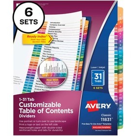 Avery&#174; Ready Index 31 Tab Dividers, Customizable TOC, 6 Sets