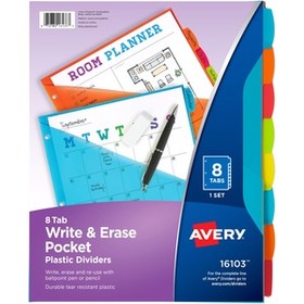 Avery&#174; Write & Erase 8-Tab Plastic Dividers, Pockets, Brights (16103)