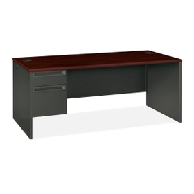 HON 38000 Series Pedestal Desk, 72" Width x 36" Depth x 29.5" Height - 2 - Single Pedestal on Left Side - Radius Edge - Wood, Steel - Charcoal, Laminate, Mahogany