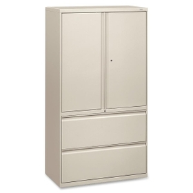 HON 800 Series Wide Lateral File with Storage Cabinet, 36" x 19.3" x 67" - Steel - 2 x Shelf(ves) - 2 x File Drawer(s) - Legal, Letter - Security Lock - Light Gray