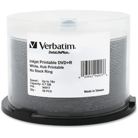 Verbatim DVD+R 4.7GB 16X DataLifePlus White Inkjet Printable, Hub Printable - 50pk Spindle - TAA Compliant