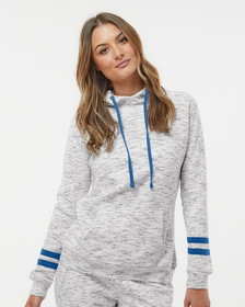 Custom J.America 8674 Women's M&#233;lange Fleece Striped-Sleeve Hooded Sweatshirt