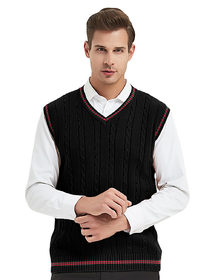 TOPTIE Men's Sweater Vest V-Neck Cotton Twist Knit Green and Red Trim