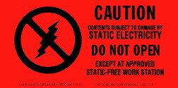 De Leone ASC213 Labels, Caution - Contents Subject To Damage By - Static Electricity - Do Not Open, 1&#189;" x 3"